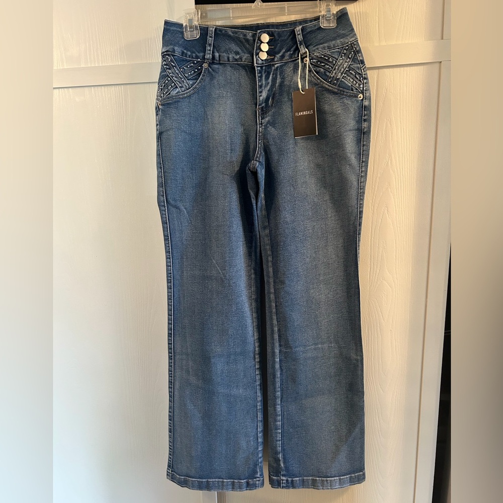 Flamingals Women’s Straight Leg Jeans Embellished Front Rear Pockets Size M New